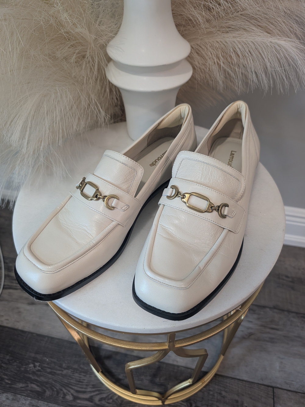 Larroude Leather Cream Loafers with Bronze Gold Bit Detail - Women Sz 10